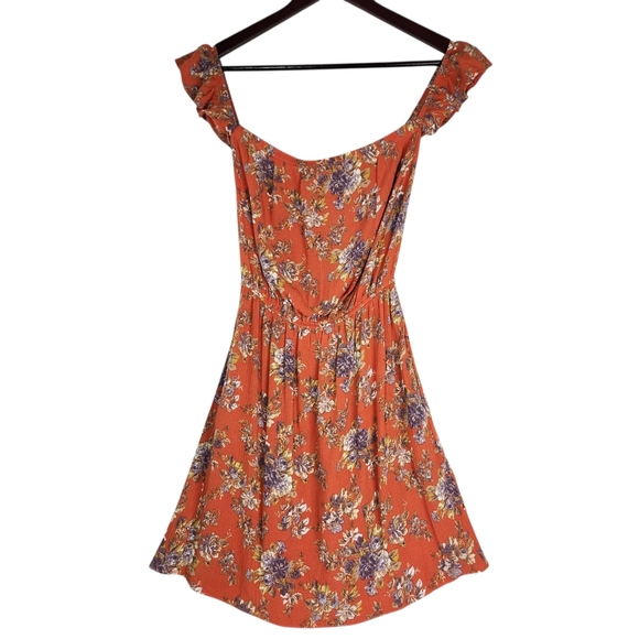 American Eagle Outfitters Dresses & Skirts - American Eagle Outfitters Orange Floral Mini Dress Off Shoulder XS Boho Pockets